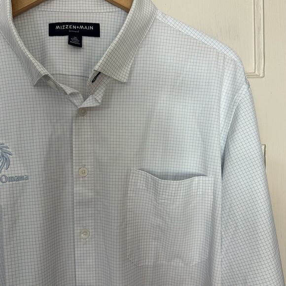 Mizzen Main Leeward Shirt Mens XL‎ Trim No Tuck White Blue Check Company LOGO - Picture 7 of 9